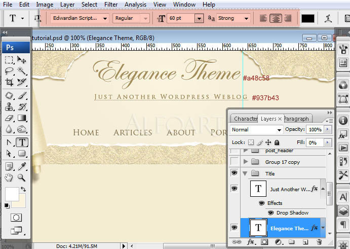 Elegance wallpaper theme. free webdesign photoshop tutorial. Vintage WordPress template, curled paper, corner effect, ripped paper, hole paper, light theme, classic theme style.